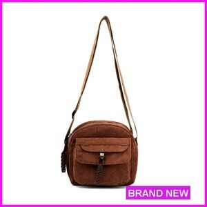 Corduroy Mini Crossbody Bag with Adjustable Strap and Zipper Pockets
